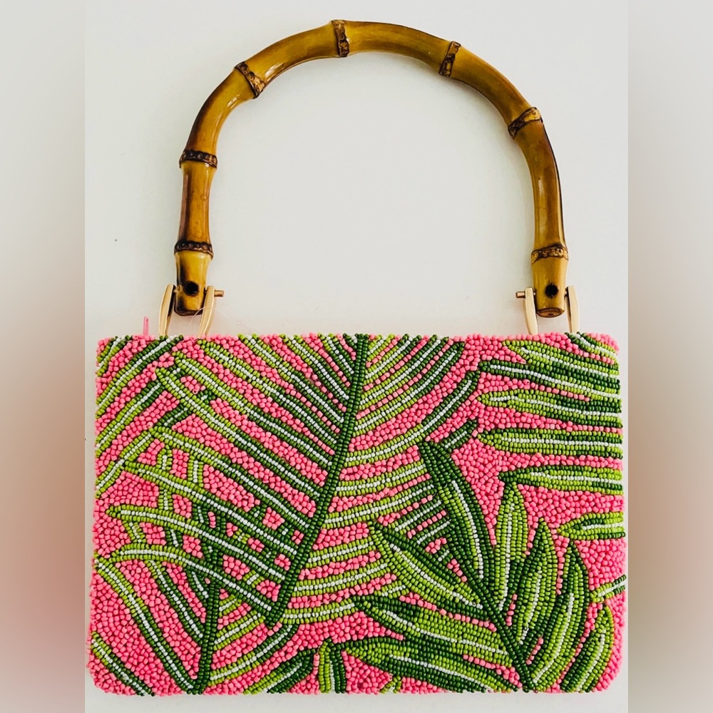Tropical Pink Beaded Clutch with Bamboo Handle